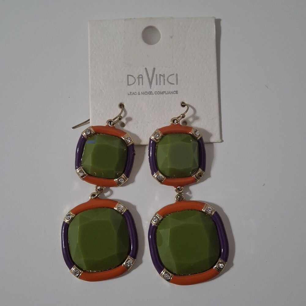 Da Vinci Green Orange Purple Square Gold Tone Dangling Rhinestone Earrings